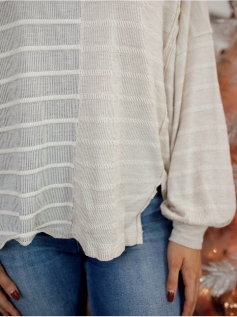 By Together NWT Grey & Sand Ballon Sleeve Top - Picture 2 of 5